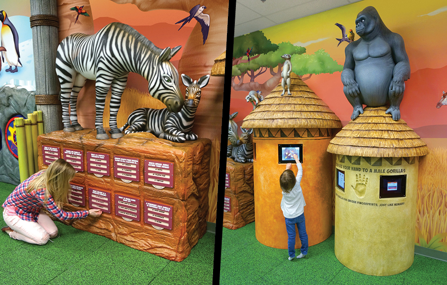 Interactive inforamtional dispalys with zoo animals including zebras and gorillas